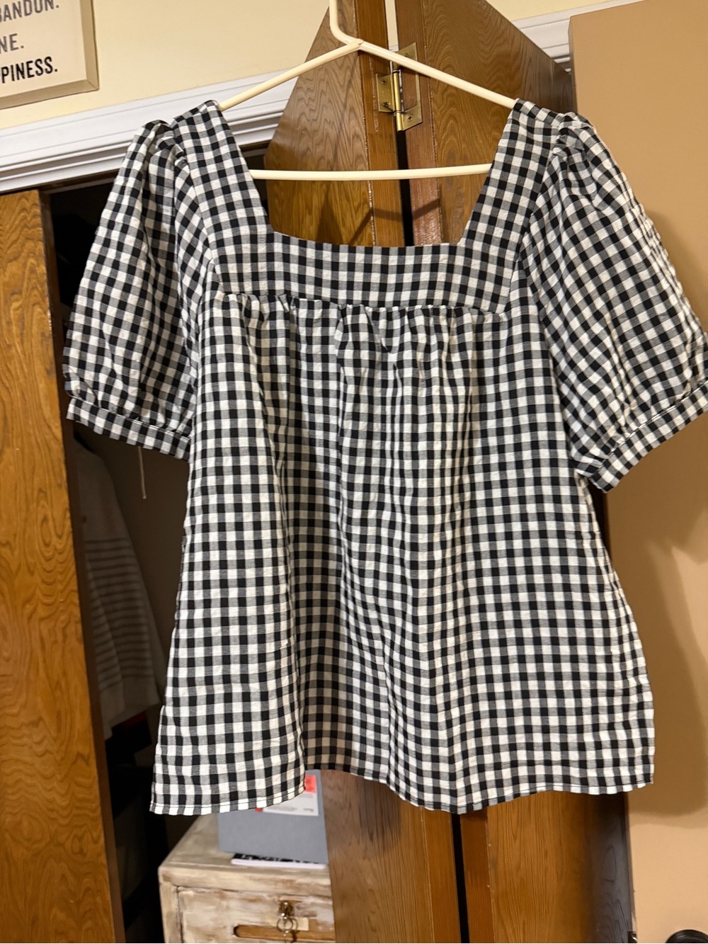 Source Unknown Black & White Gingham Square Neck Puff Sleeve Blouse